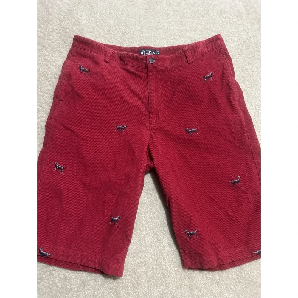 Vintage‎ Chaps Corduroy Shorts Embroidered Labrador Dogs 38x30 Red Casual Preppy
